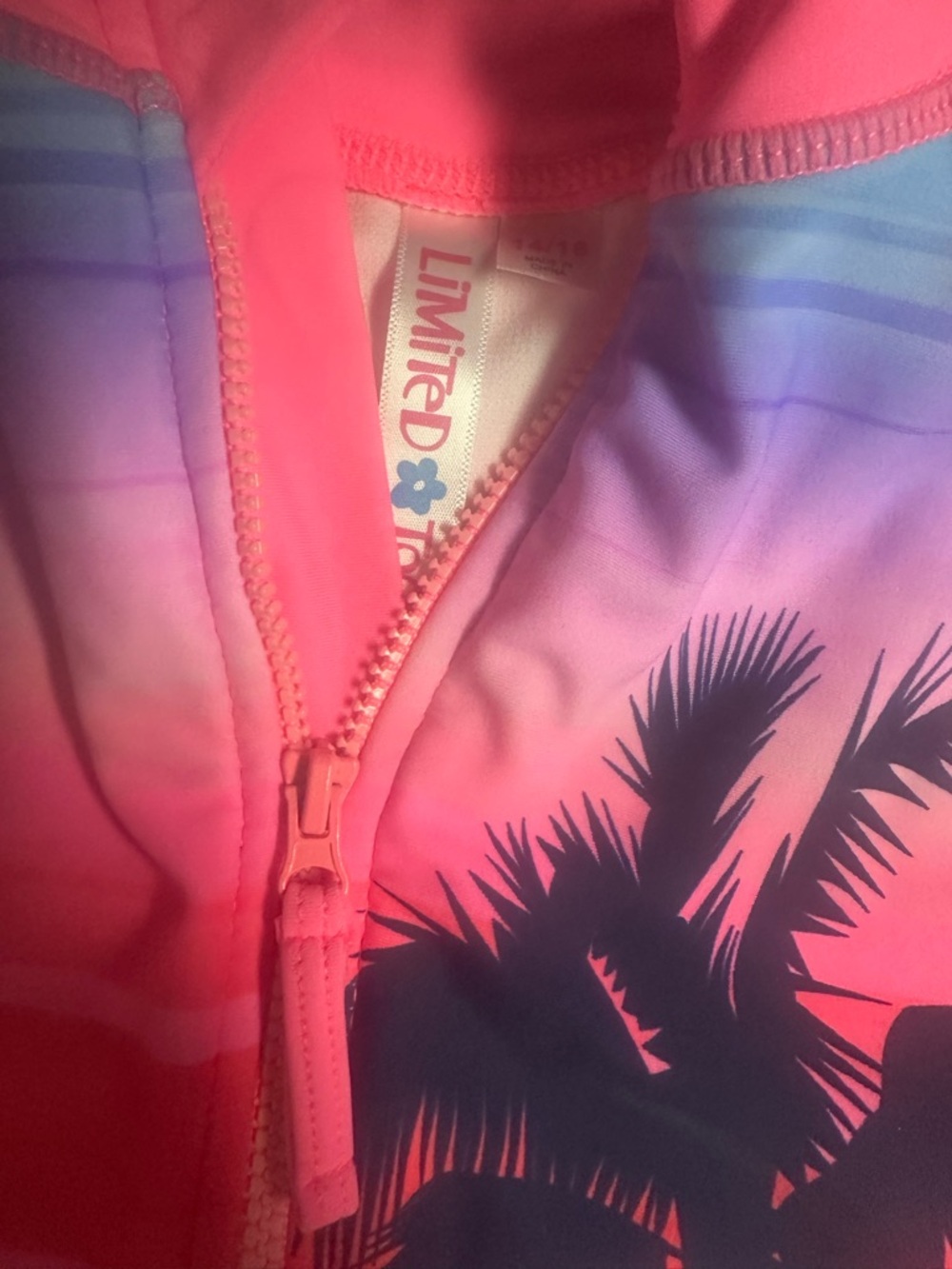 Limited Too Pink & Purple Palm-Print Zip Swim Rashguard